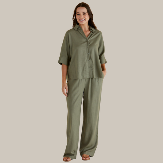 Betty Basics Lynwood Linen Shirt | Olive available at Bear & Moo