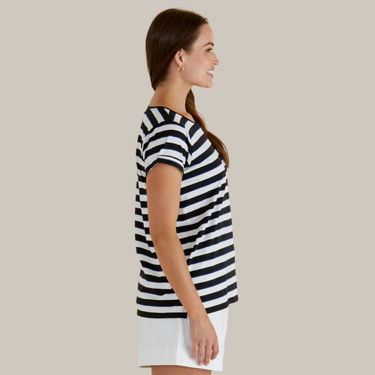 Betty Basics Caia Crew Tee | Blue/Black Stripe available at Bear & Moo