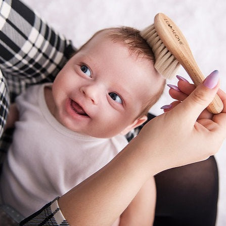 LullaLove Natural Hair Brush with Goat's bristle and Washcloth Bear & Moo